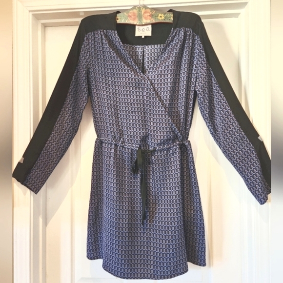 SEA New York SILK Cross Over Neck Tie Drawstring Waist LS Blue Black Dress EUC 6 - Picture 4 of 16